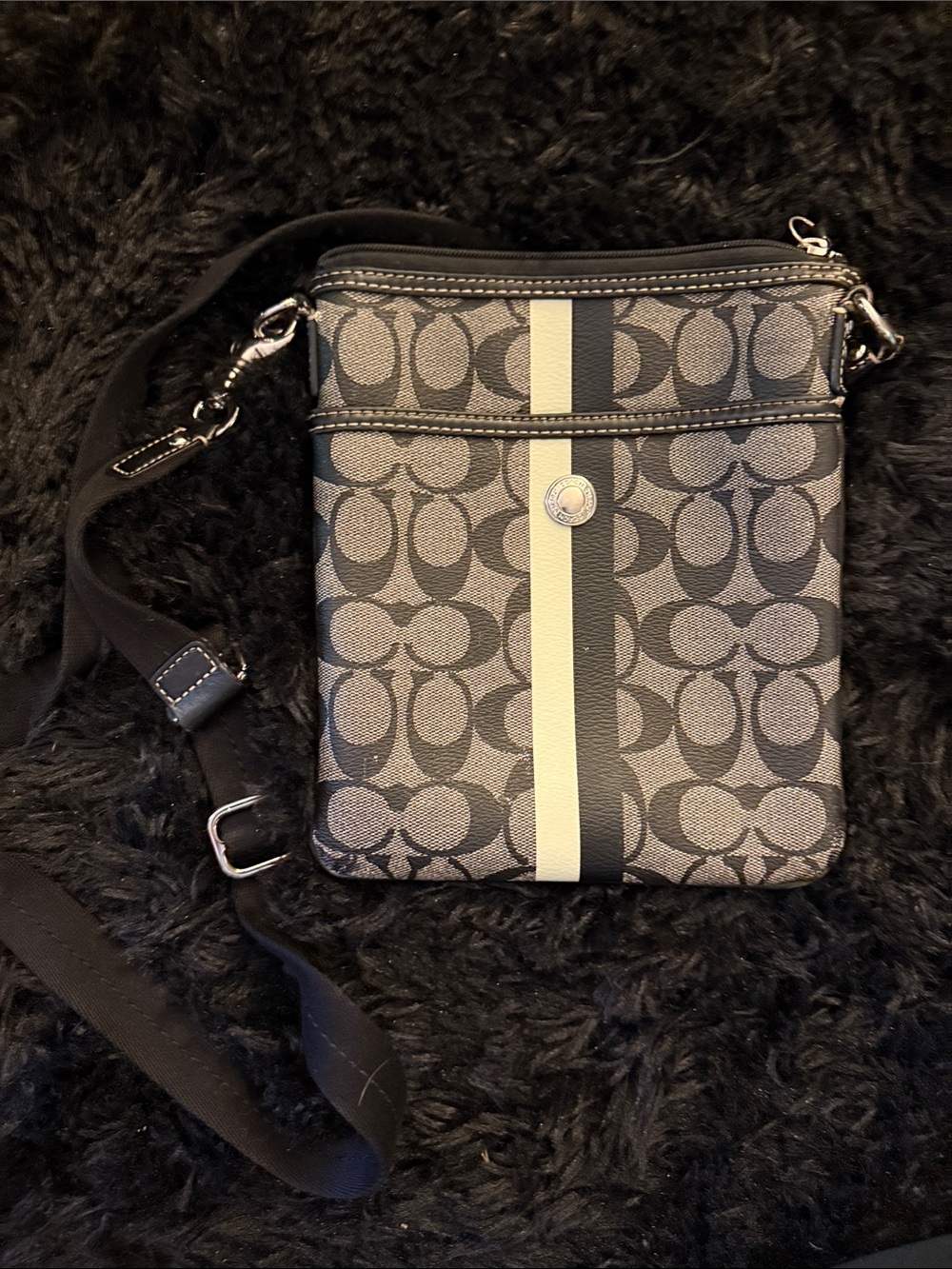Coach Signature Stripe Swingpack Crossbody Black Gray Cream Y2K